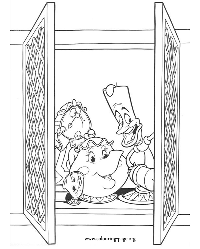 Cogsworth, Chip, Mrs. Potts and Lumiere coloring page