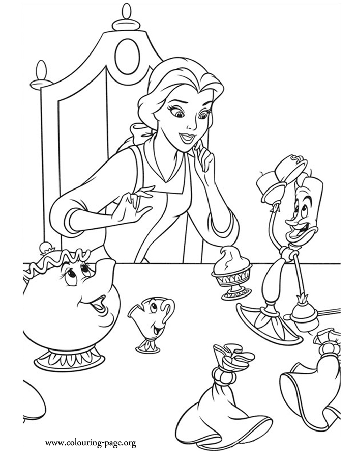 Belle talking with Mrs. Potts, Chip and Lumiere coloring page