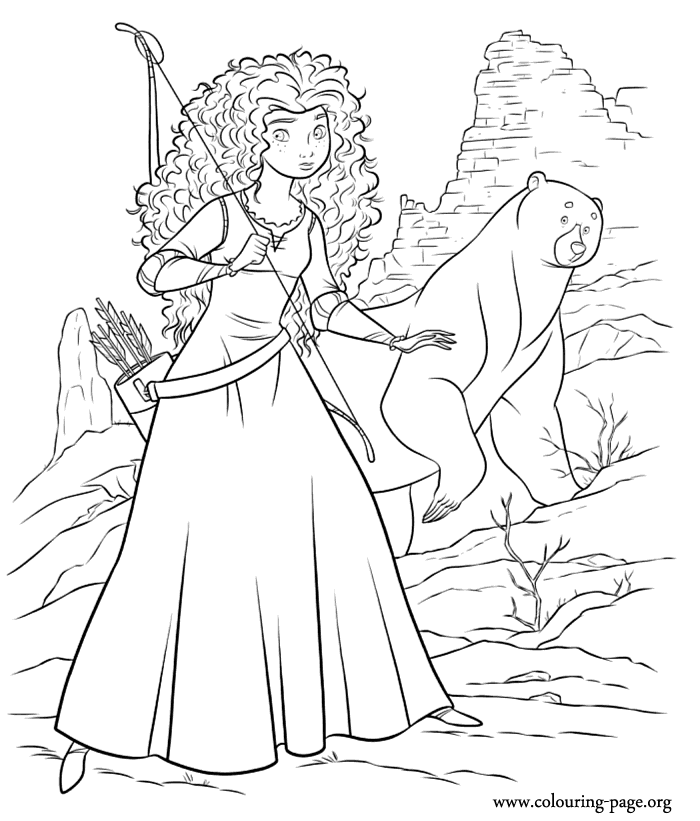 Merida and bear near the ruins of an ancient castle coloring picture