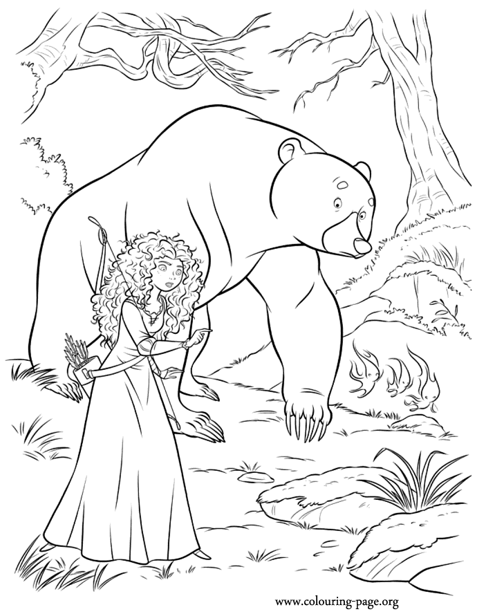 Brave - Merida, bear and the will o' the wisps coloring sheet