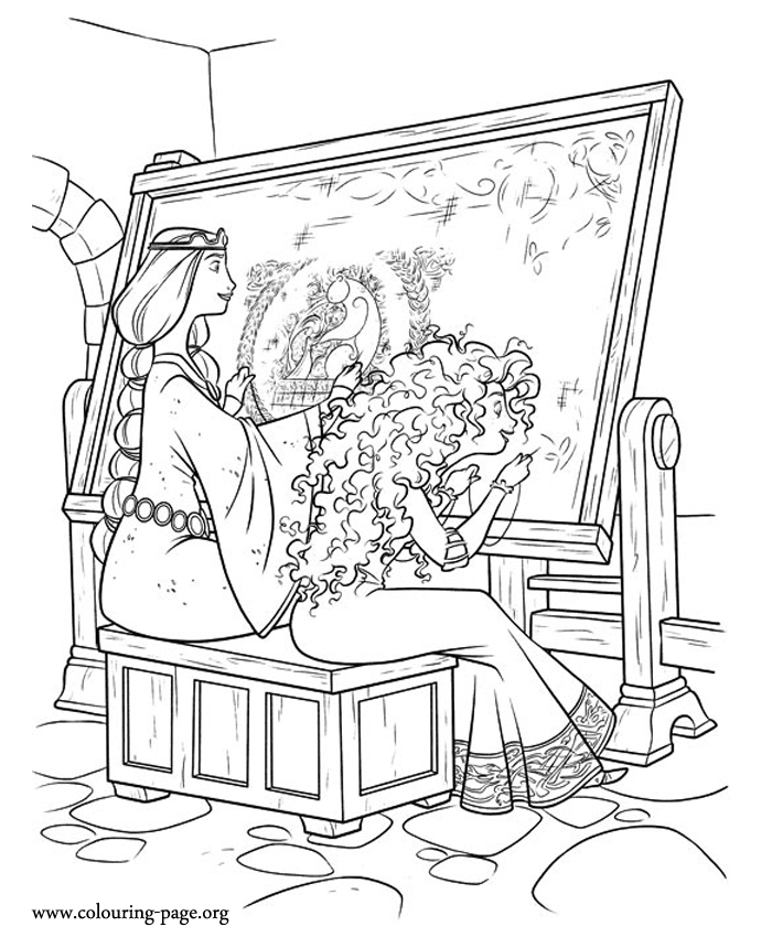 Merida sewing the tapestry with his mother coloring page
