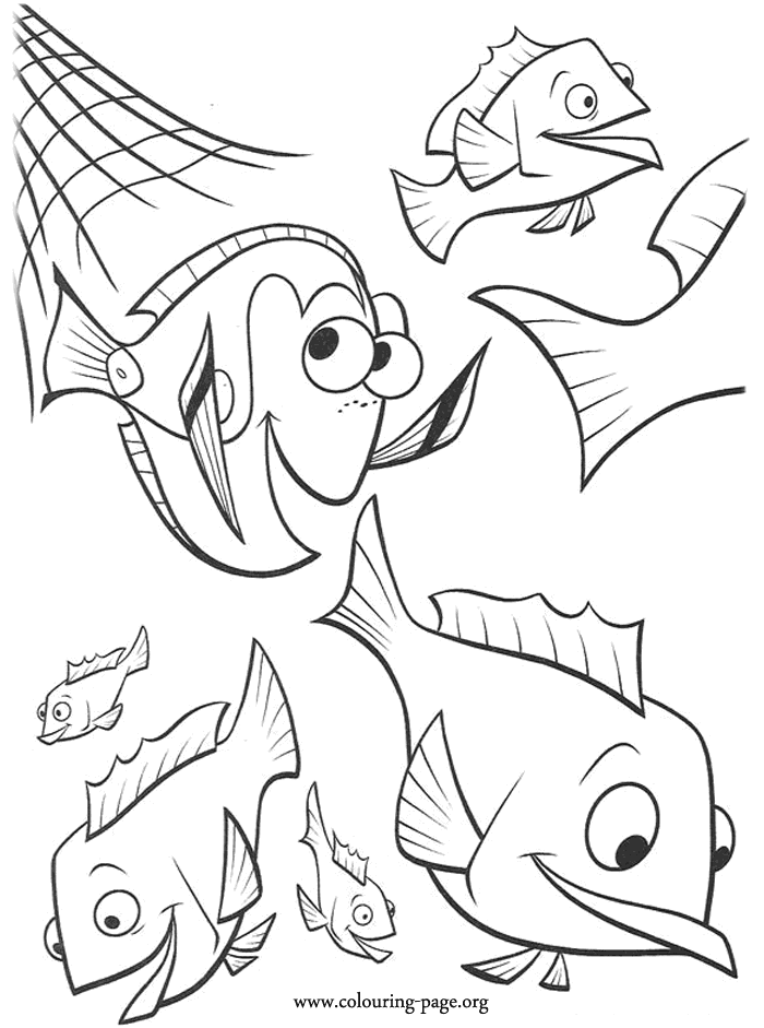 Finding Nemo - Dory and school of grouper breaking the net coloring page