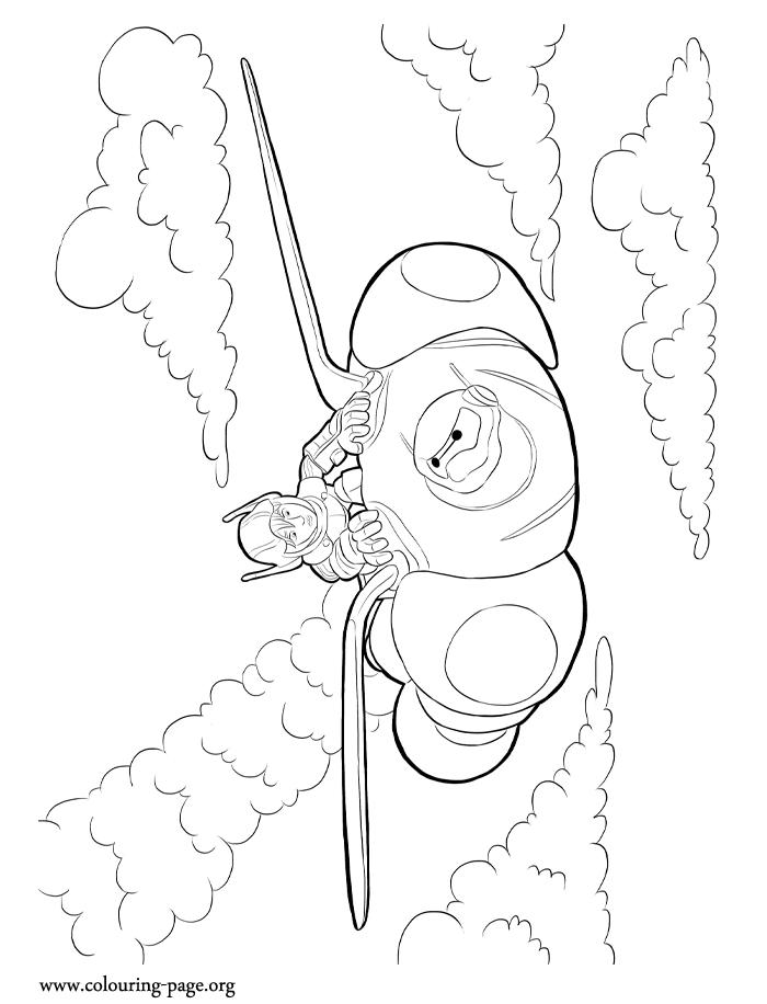 Hiro and Baymax flying on the sky coloring page Hiro and Baymax flying on the sky coloring page