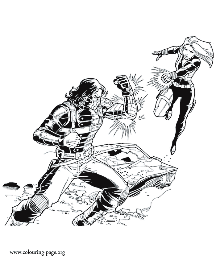Winter Soldier and Black Widow fighting coloring page
