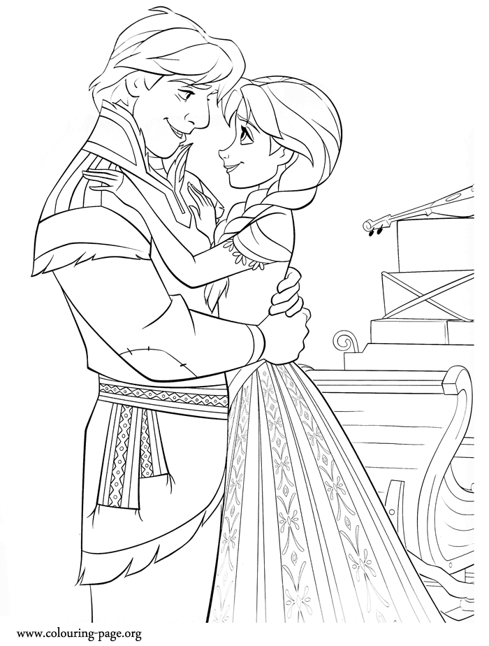 Anna and Kristoff hugging each other coloring page