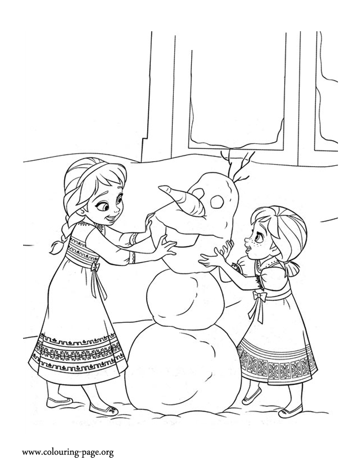 Frozen - The young sisters building a snowman together coloring page