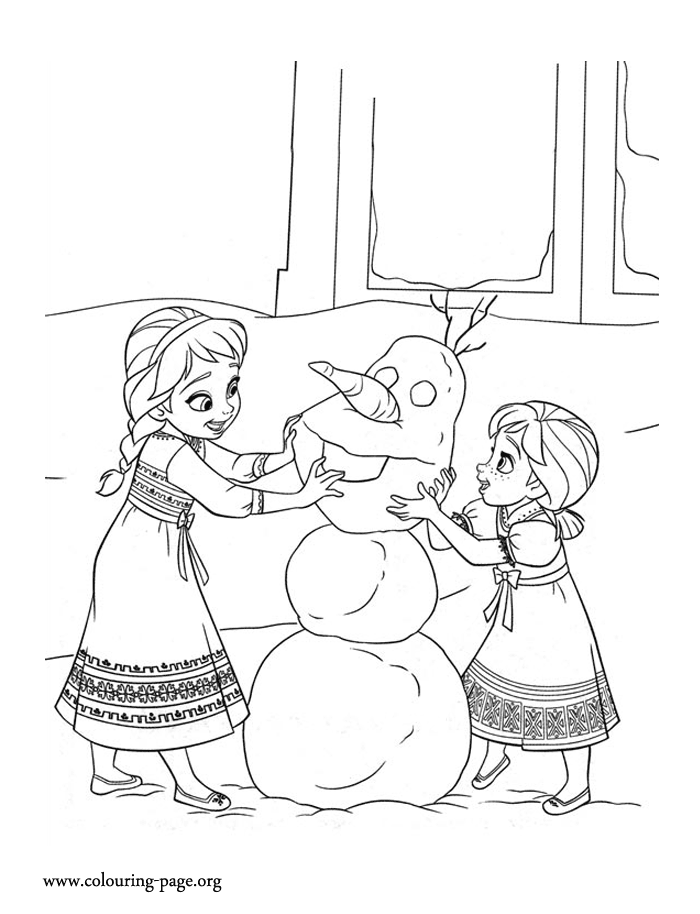 The young sisters building a snowman together coloring page title=