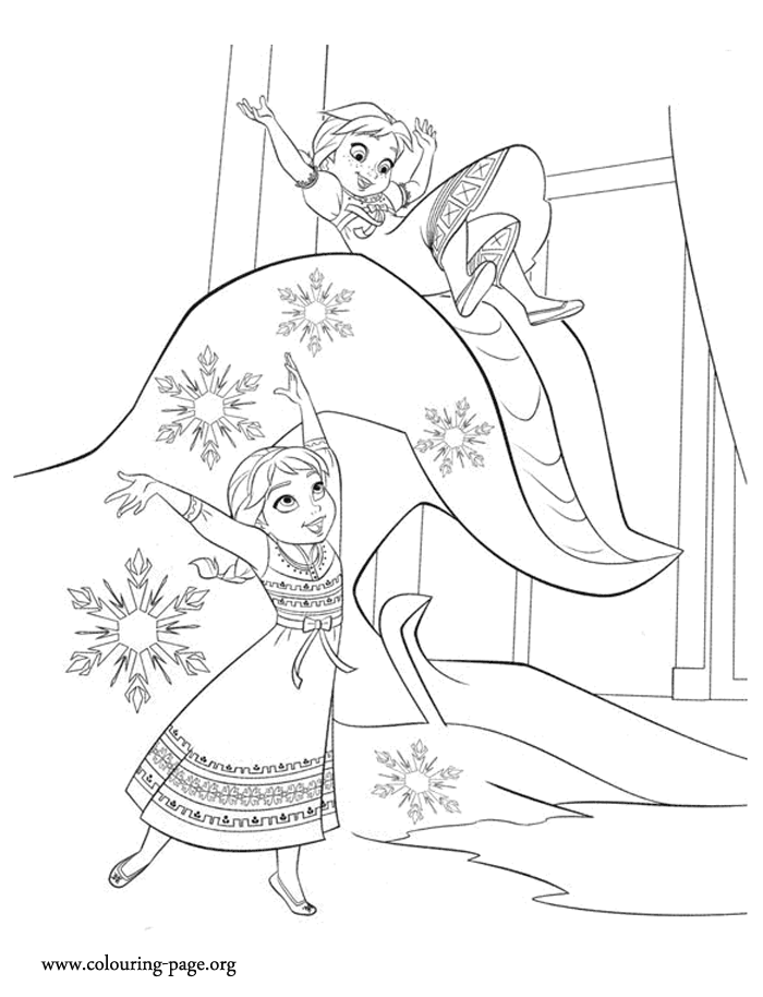 Anna and Elsa playing in a winter wonderland coloring page title=