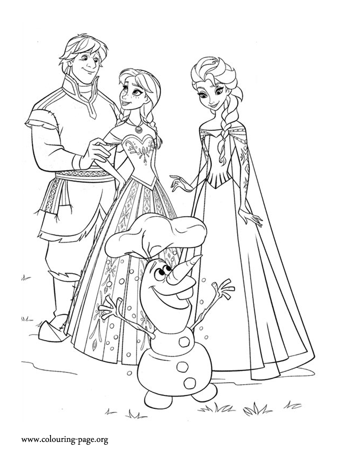 Frozen   Anna, Kristoff, Elsa and Olaf happy coloring page