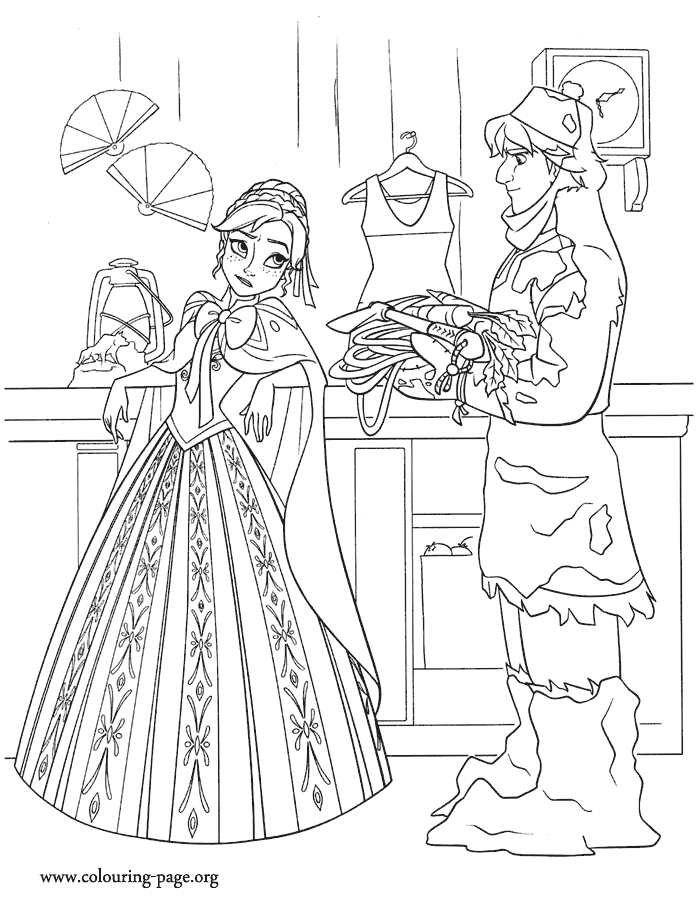 Anna and Kristoff talking in the store coloring page
