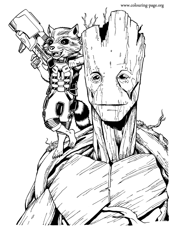 Rocket and Groot coloring page