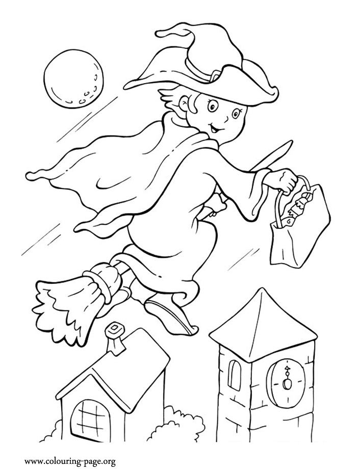 Halloween - Halloween witch riding her broom coloring page