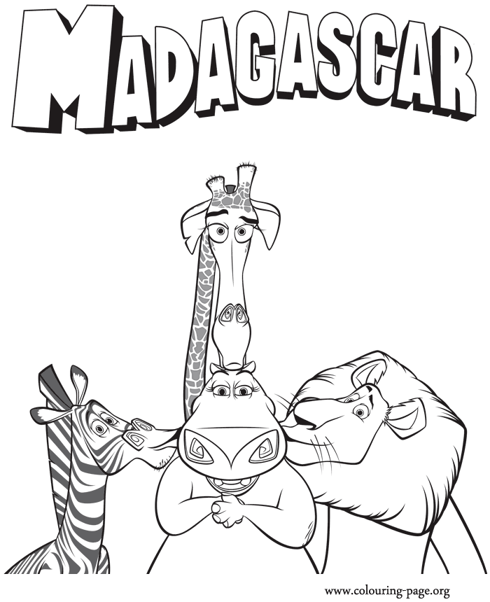 Alex, Marty and Melman kissing Gloria - Madagascar 3 coloring sheet