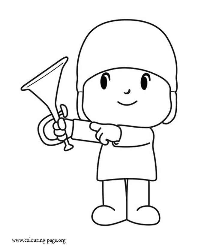 Pocoyo with a trumpet coloring page