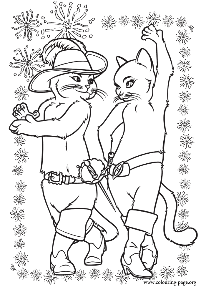 Puss in Boots and Kitty Softpaws dancing coloring page