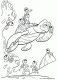Crush, Squirt and a group of young sea turtles coloring page