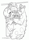 Sulley and Mike with Boo inside the factory coloring page