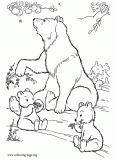 Mother bear and cubs eating fruits coloring page