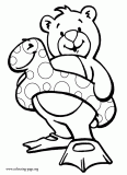 Bear wearing a snake float and swim fins coloring page