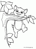 Cute kitten hanging on branch of a tree coloring page