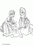 Anna and Elsa rearranging the snowy parts of Olaf's body coloring page