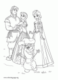 Anna, Kristoff, Elsa and Olaf happy coloring page