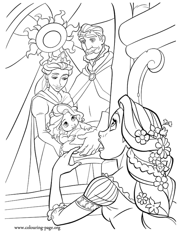 King, Queen, baby Rapunzel and Mother Gothel coloring page