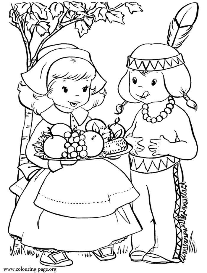 Kids having fun in the Thanksgiving Day coloring page