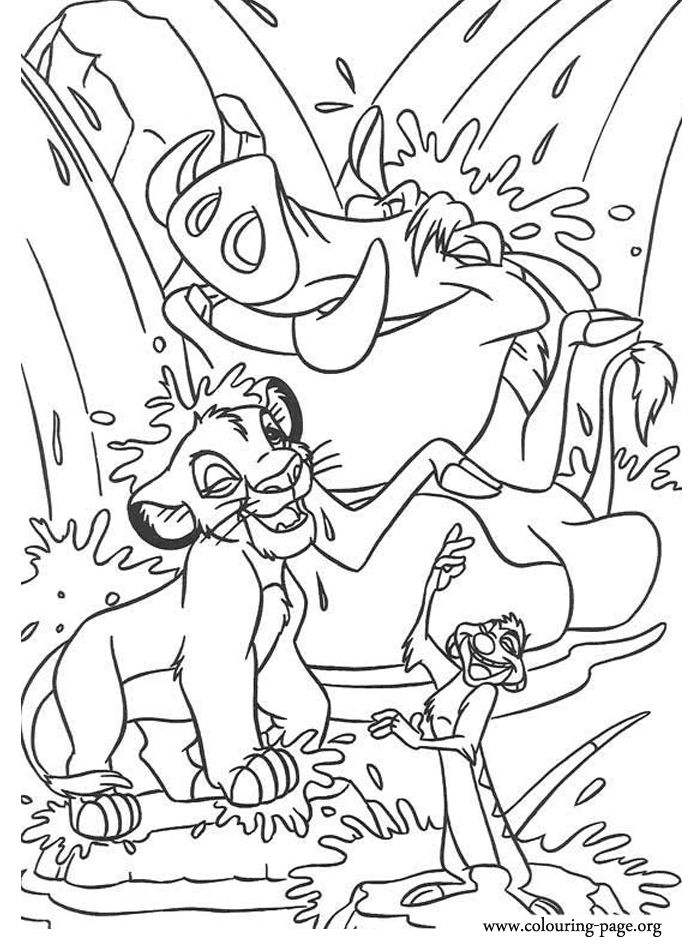 The Lion King - Simba, Timon and Pumbaa taking a bath in a waterfall