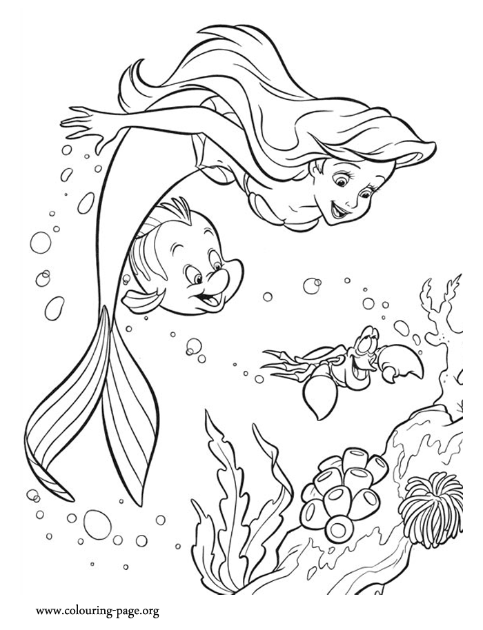 The Little Mermaid - Ariel, Sebastian and Flounder having fun coloring page