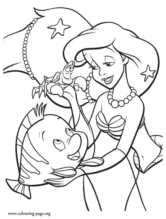 Sebastian and Flounder giving treasures to Ariel coloring sheet