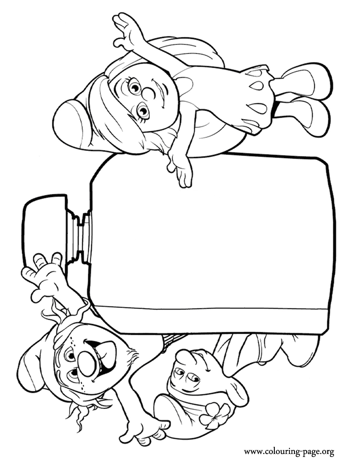Smurfette, Hackus and Vanity Smurf with a perfume bottle coloring page