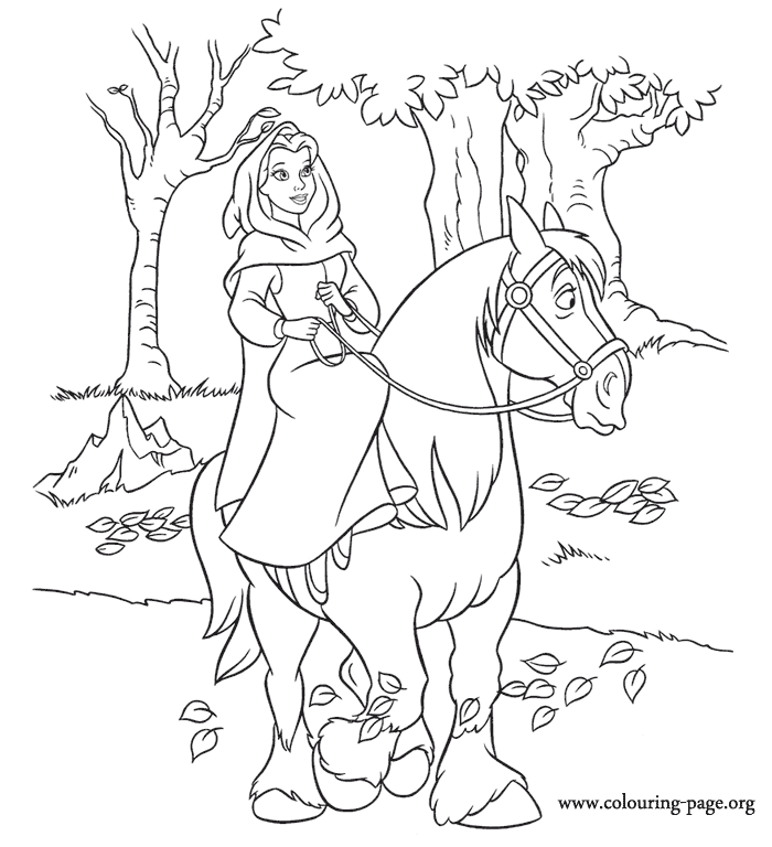 Belle is on horseback coloring page