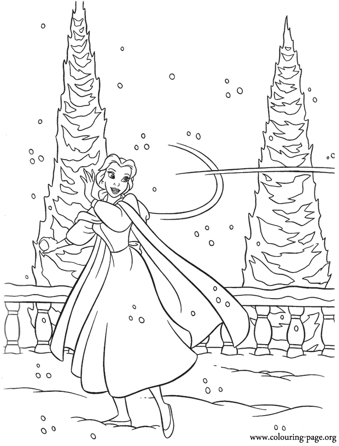 Belle playing in the snow coloring page