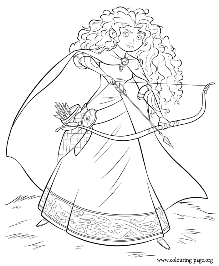Princess Merida with a bow and arrow coloring page