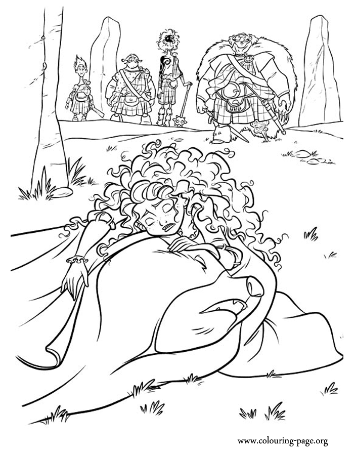 Merida puts the sewn tapestry on top of the bear coloring page