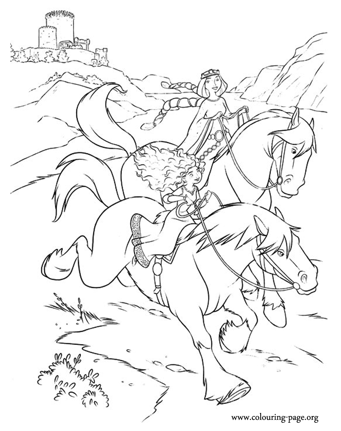 Merida and Elinor ride out on their horses coloring page