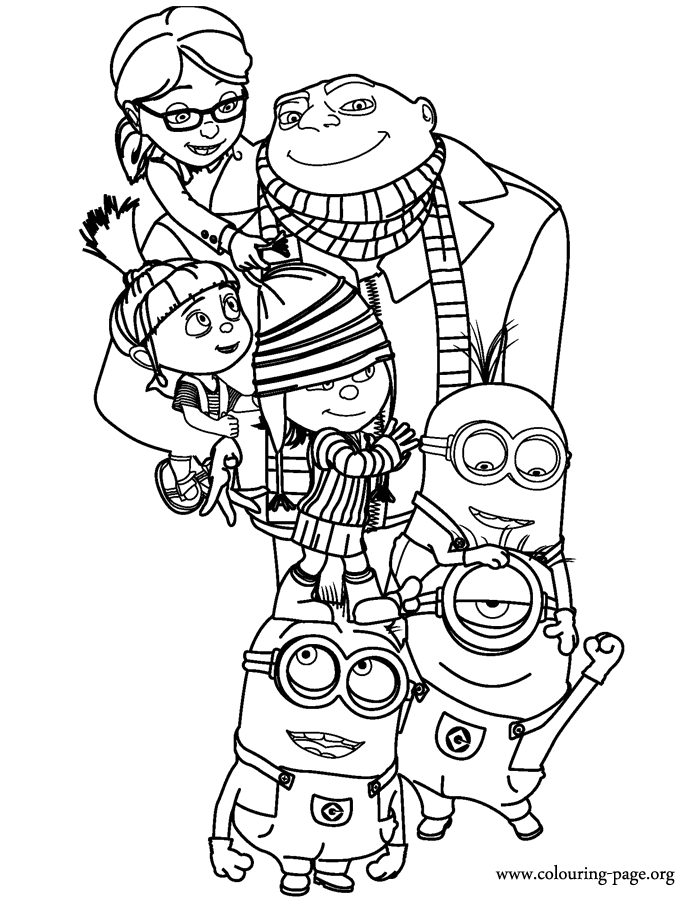 Gru, Margo, Edith, Agnes and the Gru's minions coloring page