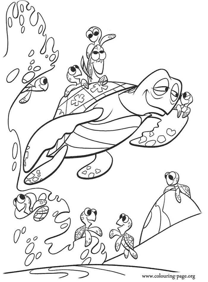 Crush, Squirt and a group of young sea turtles coloring page