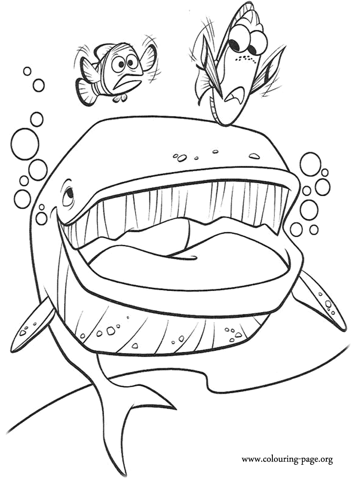 Marlin and Dory about to be engulfed by a whale coloring page