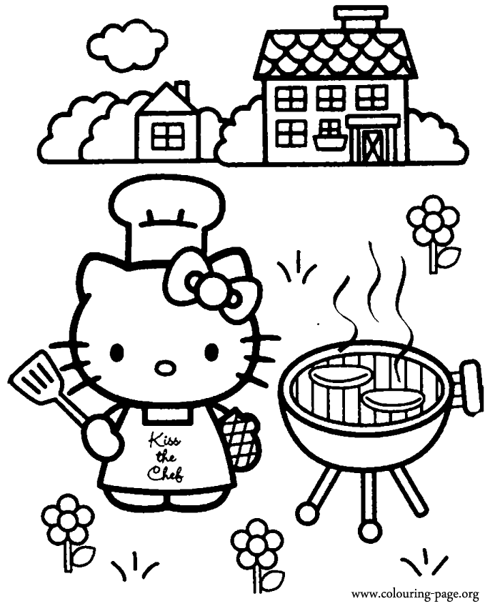 Hello Kitty is cooking a barbecue coloring page