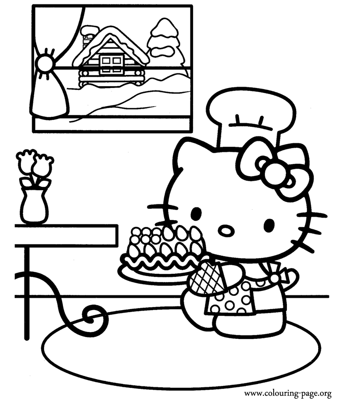 Hello Kitty cooked a cake coloring page