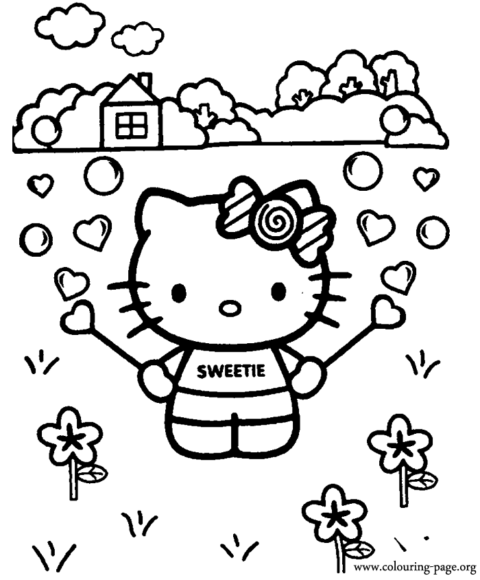 Hello Kitty playing with a bubble blower coloring page