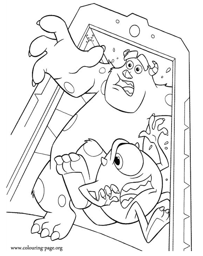 Mike and Sulley running away from Randall coloring page