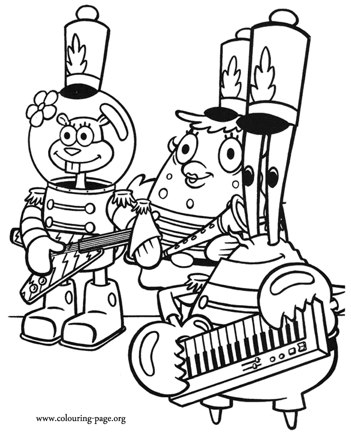 Sandy Cheeks, Mrs. Puffand and Mr. Krabs playing in a band coloring page