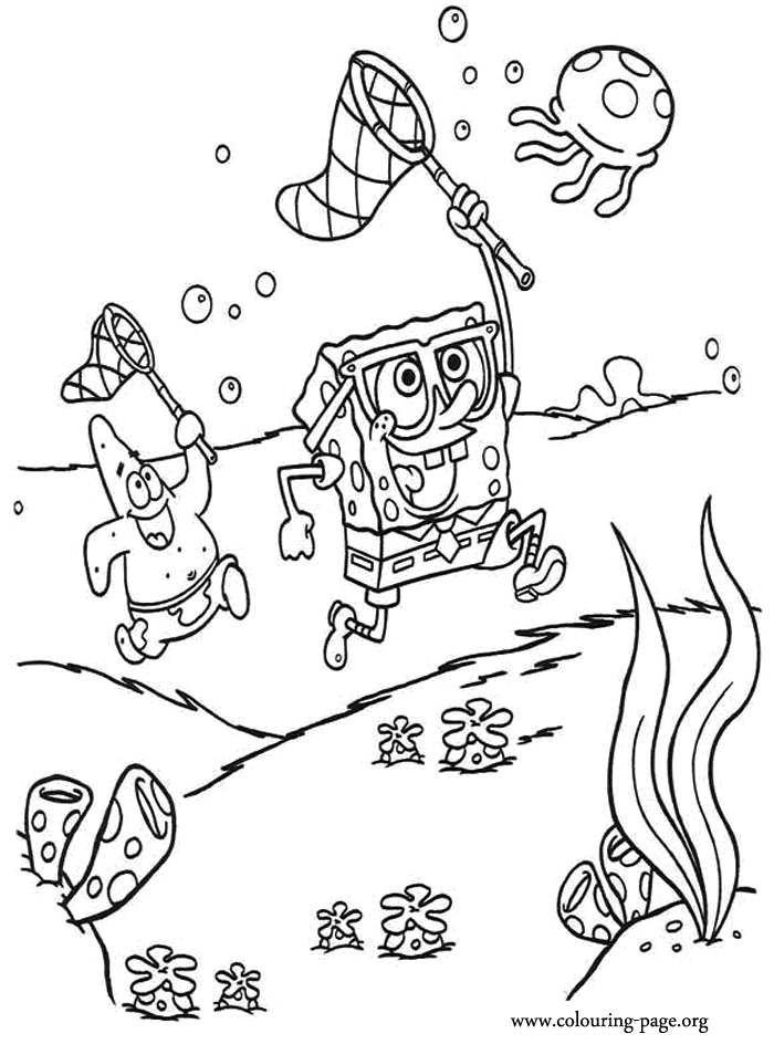 Patrick and Spongebob hunting Jellyfish coloring page