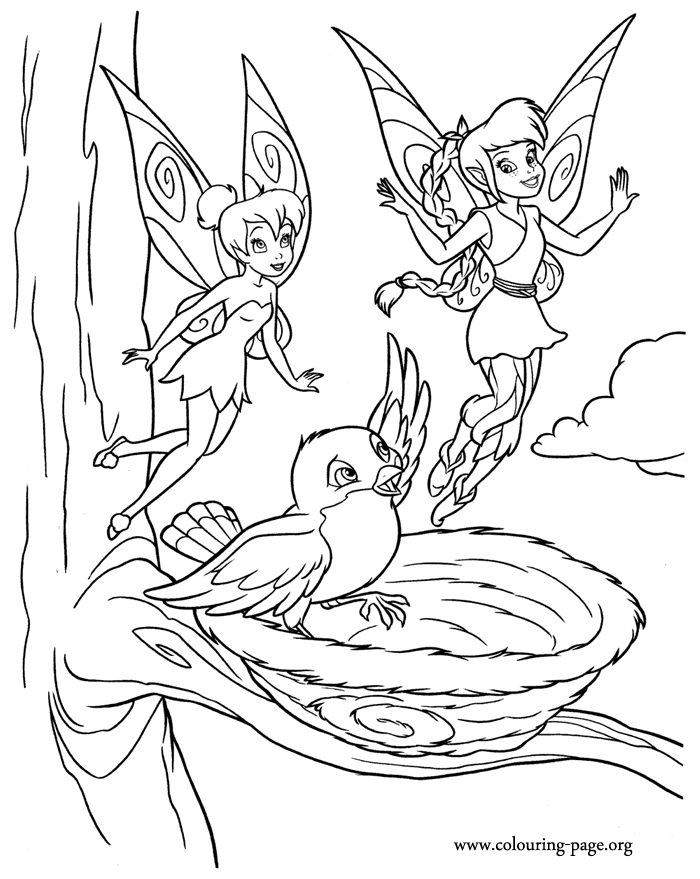 Tinkerbell, Fawn and a baby bird coloring page