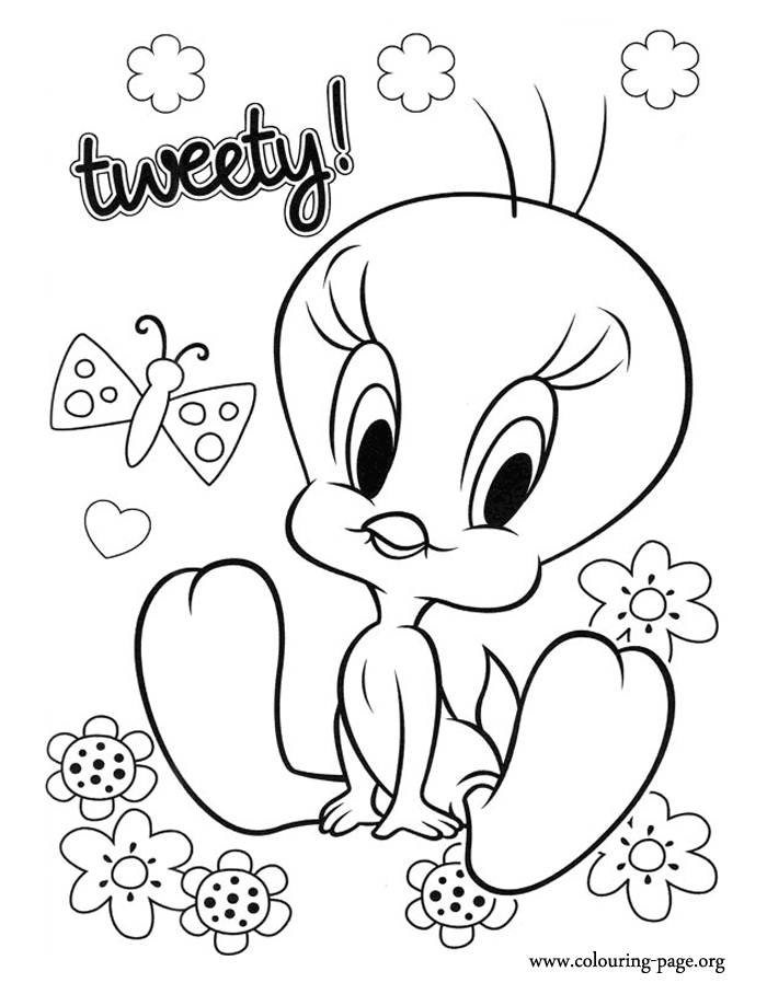 Tweety seated close to a butterfly coloring page