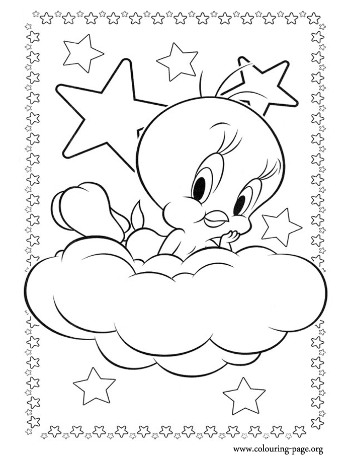 Tweety lying on a cloud coloring page