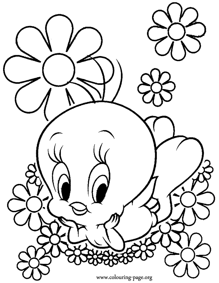 Tweety surrounded by beautiful flowers coloring page